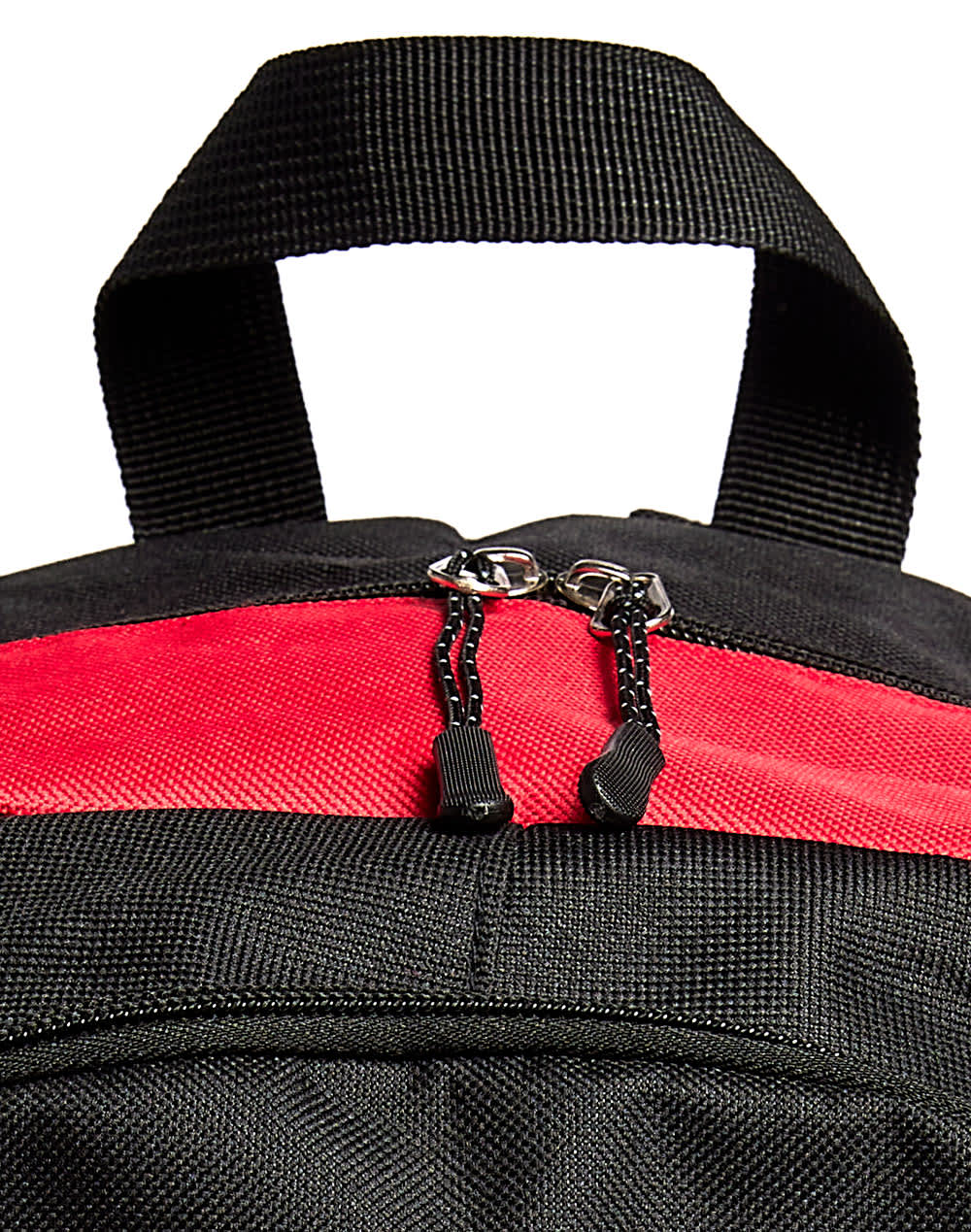 A black and red backpack with a dual zip closure and a top handle. It features a textured fabric and has a logo.