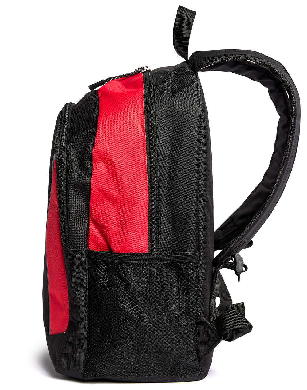 A black and red backpack featuring multiple zippered compartments and a mesh side pocket. It has adjustable straps and a branding logo.