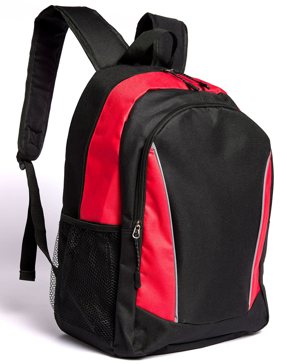A black and red backpack featuring a mesh side pocket and a distinctive logo.