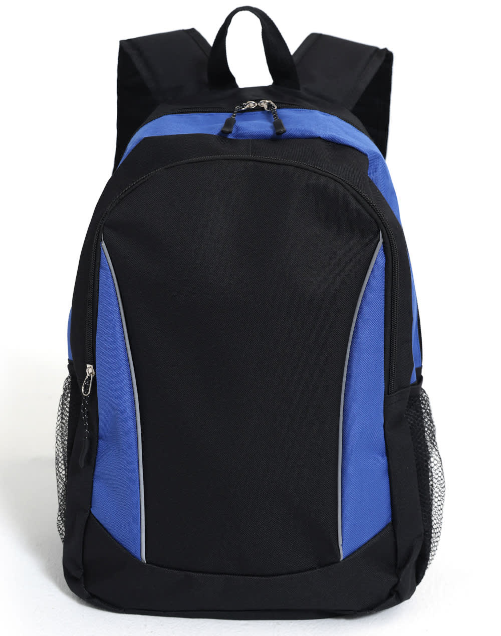 A black and blue backpack with adjustable straps and side mesh pockets. It features a logo on the front.