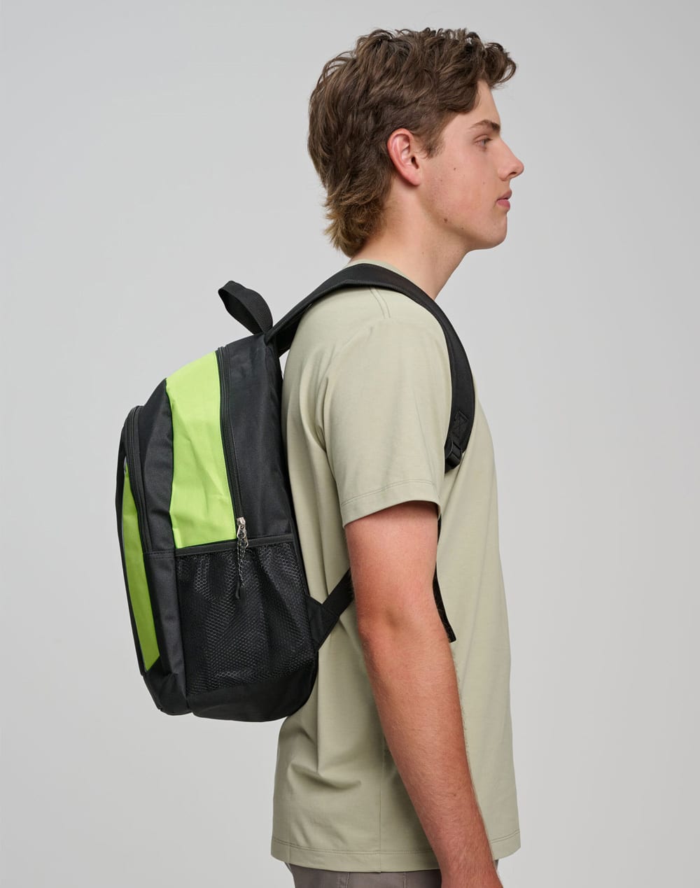 A black and lime green backpack displayed on a model, featuring a side view and a branded logo.