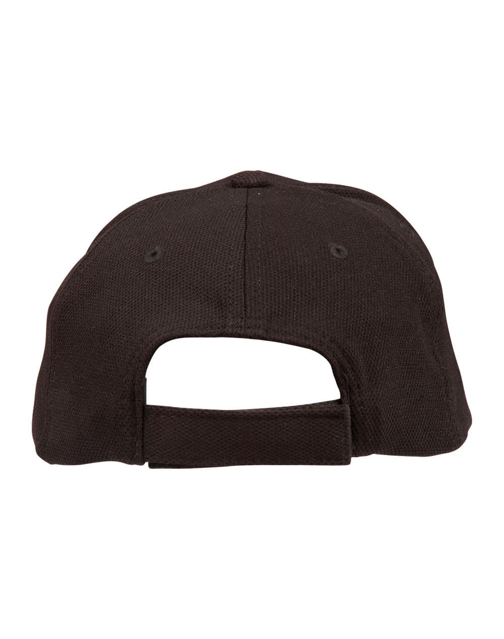 A black cap featuring a textured mesh design and an adjustable strap at the back. It has a logo on it.