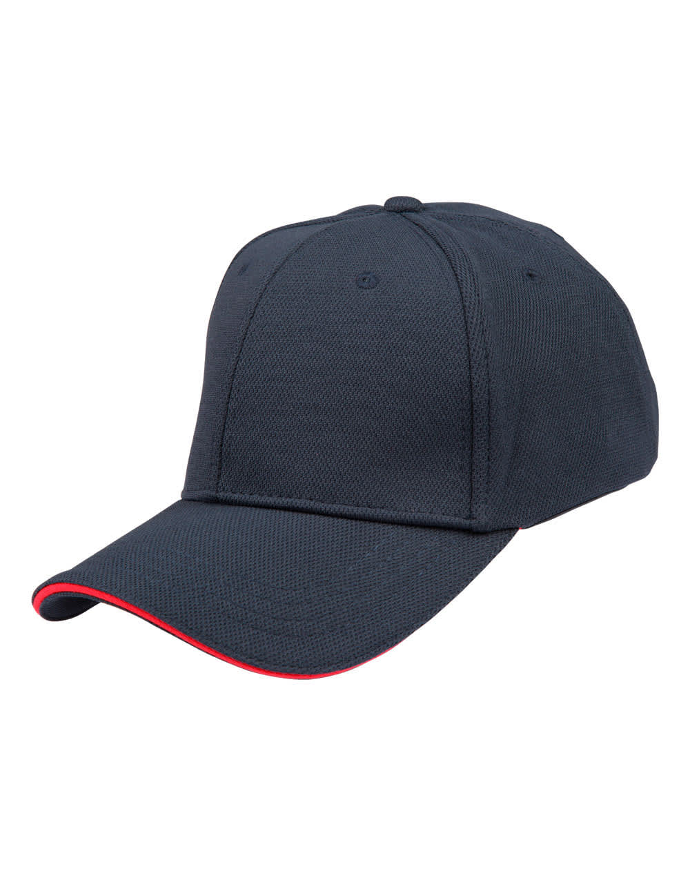 A navy blue cap with a contrasting red brim and a logo on the front.