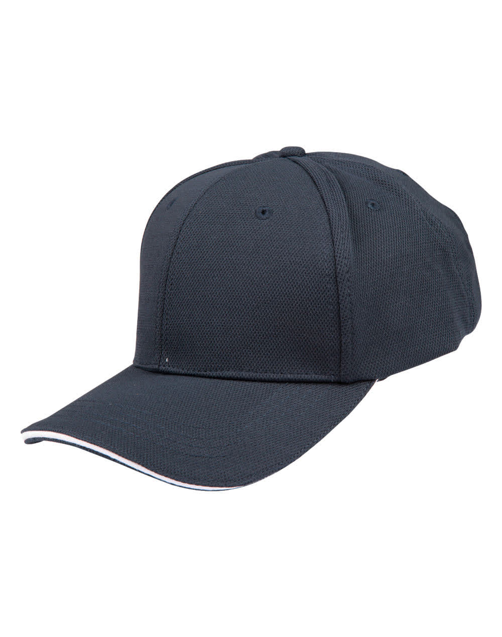 A navy blue cap with a textured mesh design and a contrasting trim. Features a branding logo.