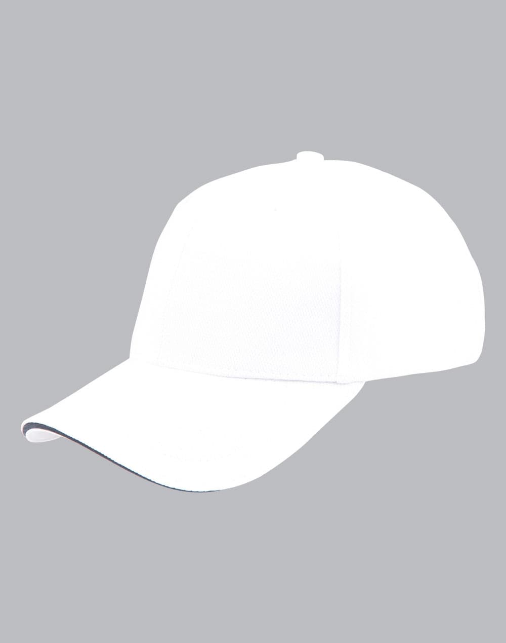 A white cap with a contrasting peak and an embroidered logo. Ideal for casual wear and outdoor activities.