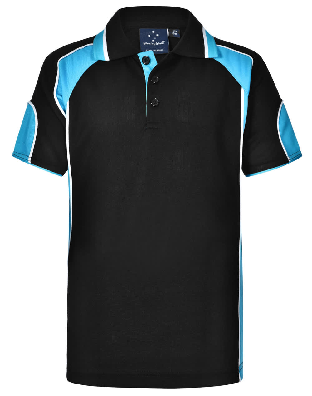 Kids CoolDry Contrast Short Sleeve Polo with Sleeve Panels PS61K | Black/Aqua Blue