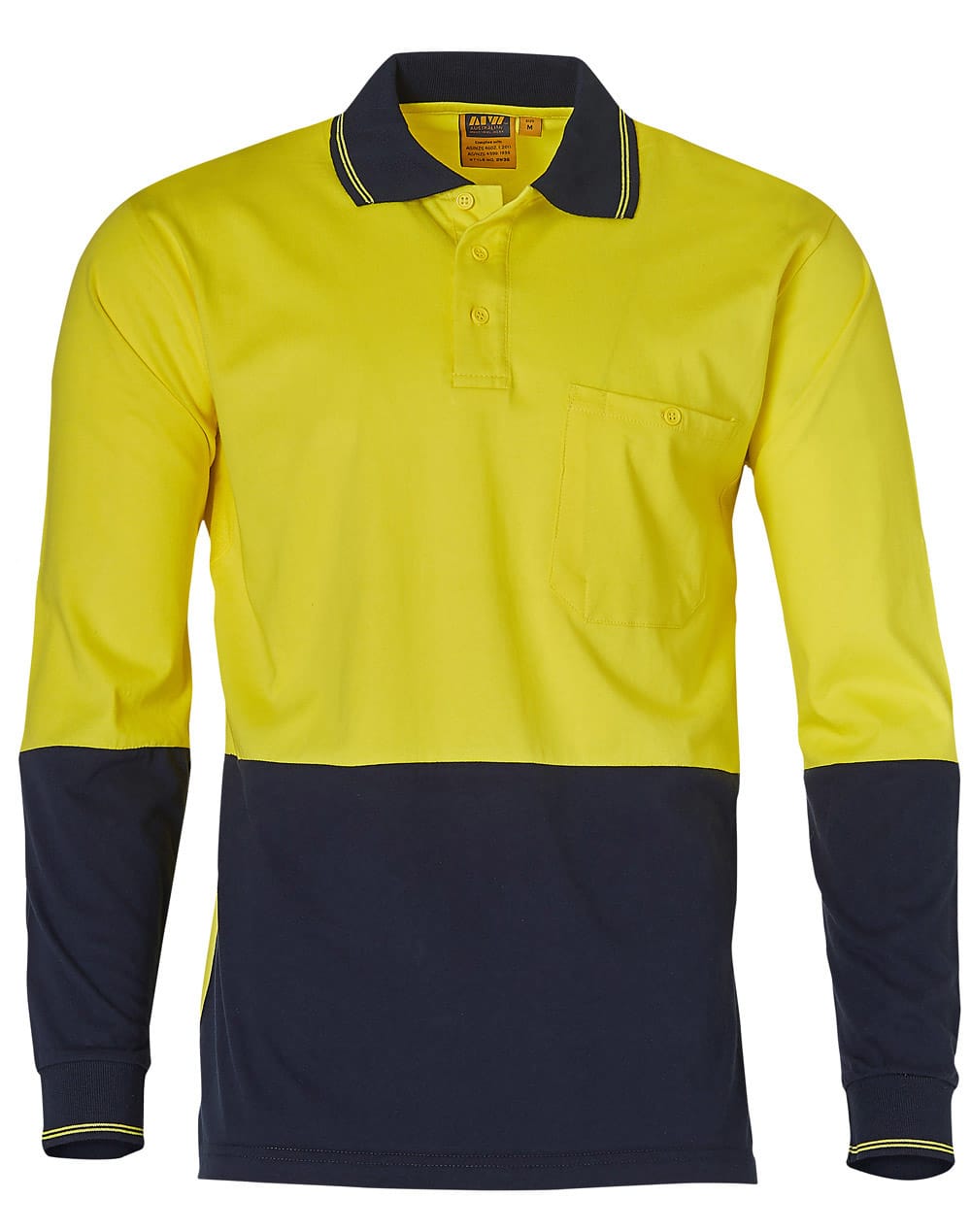 Hi-Vis Cotton Two Tone Long Sleeve Safety Polo SW36 | Yellow/Navy