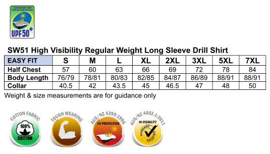 Mens High Visibility Regular Weight Long Sleeve Drill Shirt SW51 | 