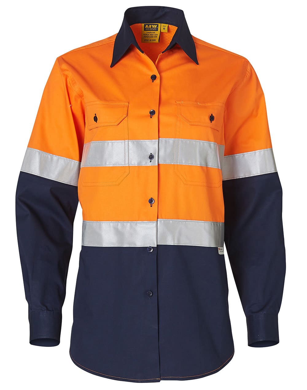 Ladies High Visibility Cool-Breeze Cotton Twill Safety Shirt with 3M Tapes SW65 | FluoroOrange/Navy