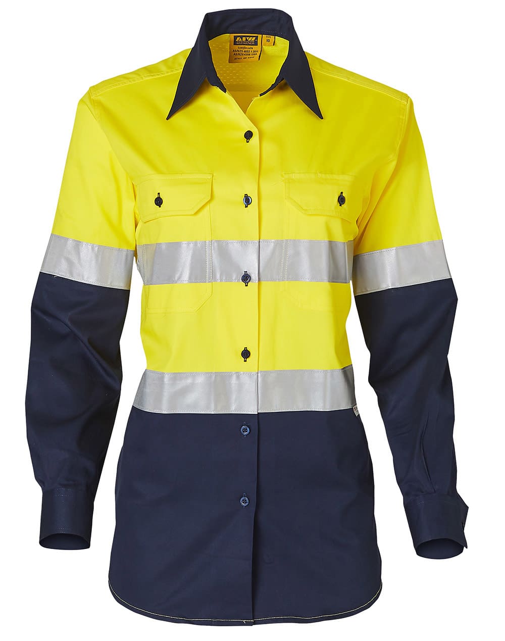 Ladies High Visibility Cool-Breeze Cotton Twill Safety Shirt with 3M Tapes SW65 | FluoroYellow/Navy