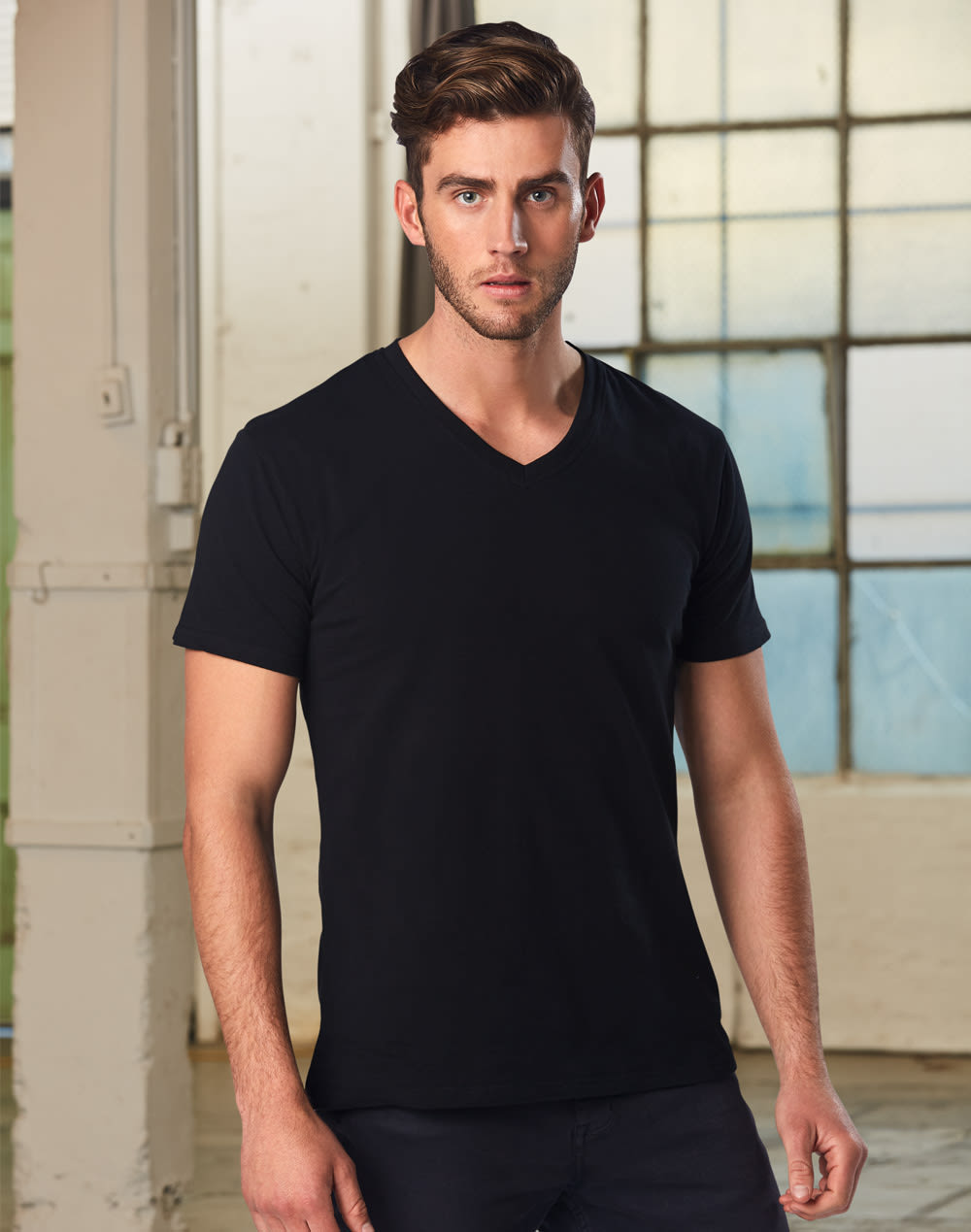 Mens Cotton Stretch V-Neck Short Sleeves Tee Shirt TS07A