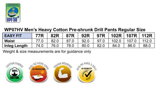 Mens Heavy Cotton Pre-shrunk Drill Pants - 3M Tapes Regular Size WP07HV | 