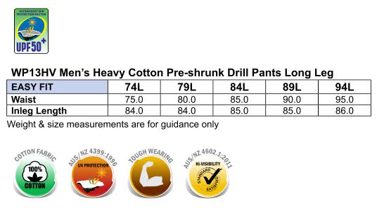 Mens Heavy Cotton Pre-Shrunk Drill Pants Longer Leg Size with 3M Scotchlite Reflective Tapes WP13HV | 