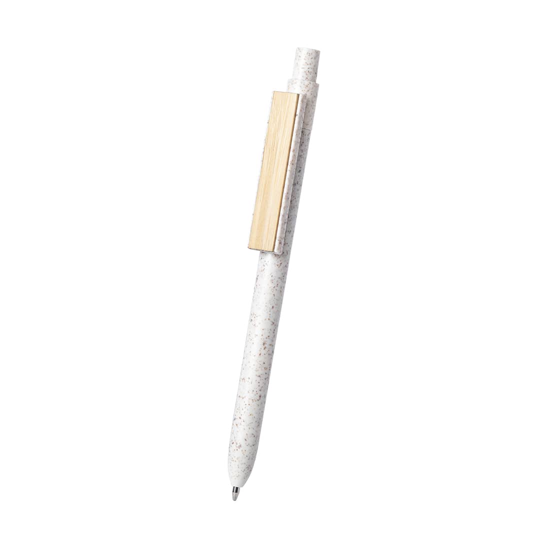 A wooden pen with a speckled white barrel and a natural wood clip. It features a sleek design suitable for writing.