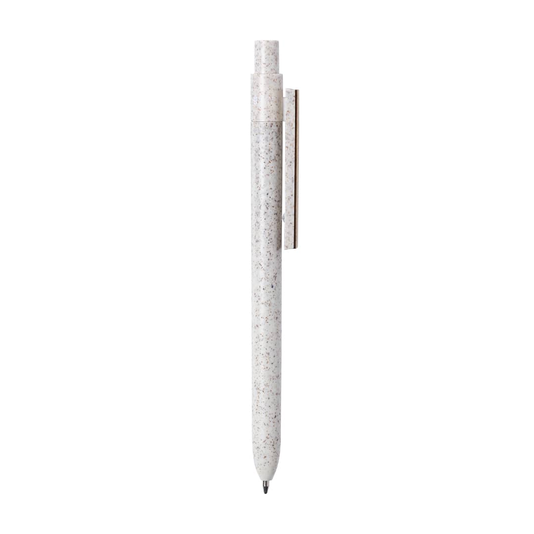 A wooden pen in a speckled white finish with a metallic clip and tip, featuring a logo.