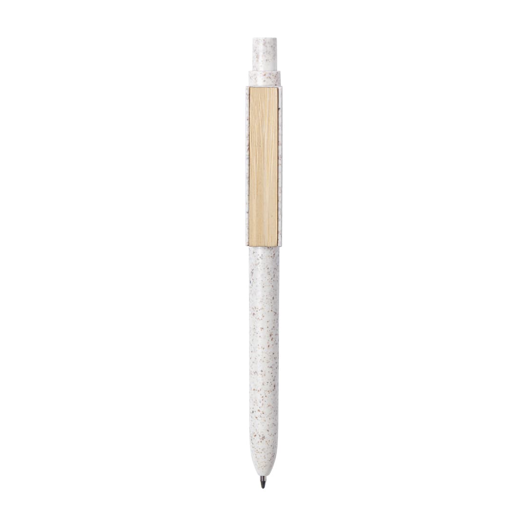 A wooden pen with a speckled white barrel and a natural wood clip, featuring a logo on the clip.