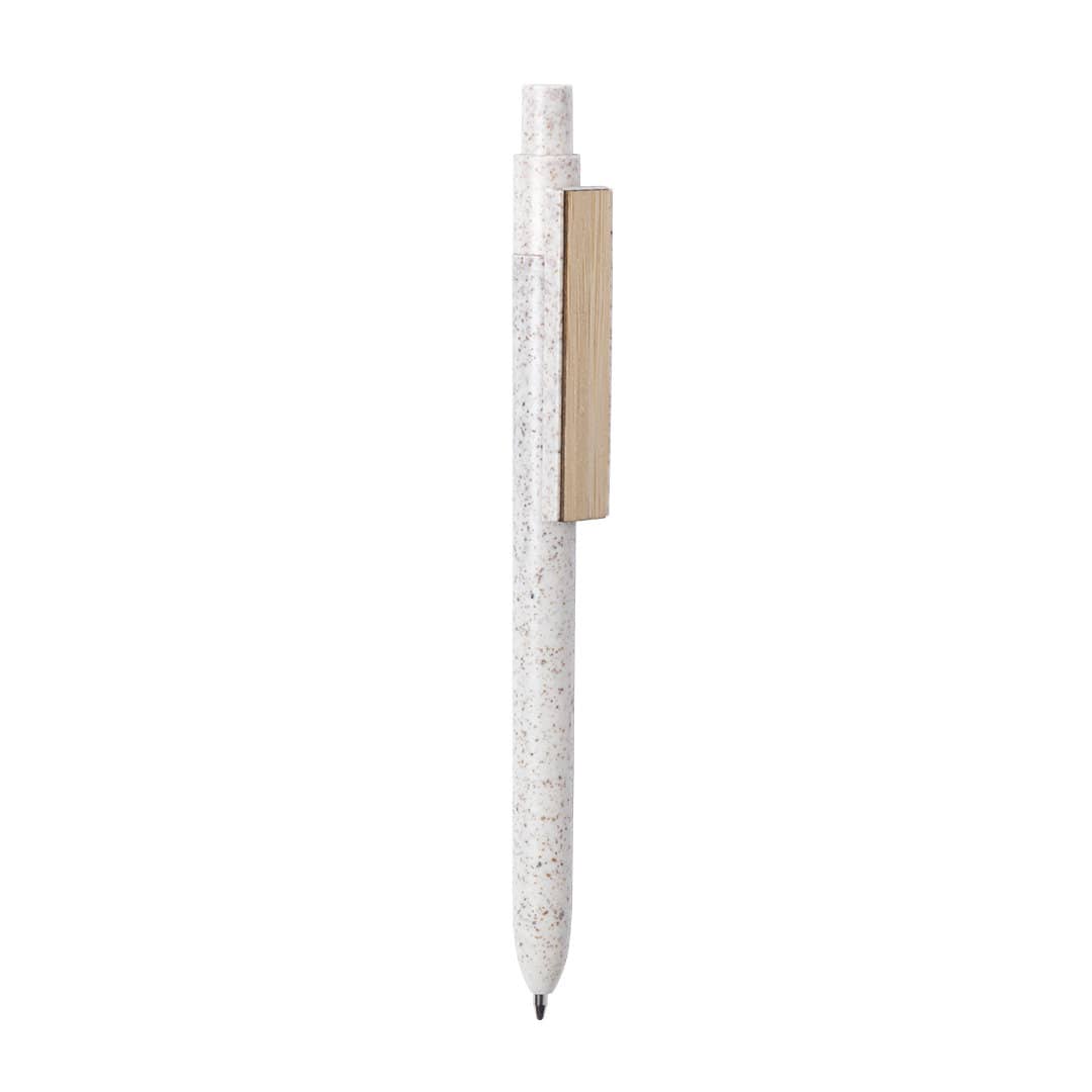 A wooden pen with a white body featuring a natural wooden clip. The design is minimalist and eco-friendly.