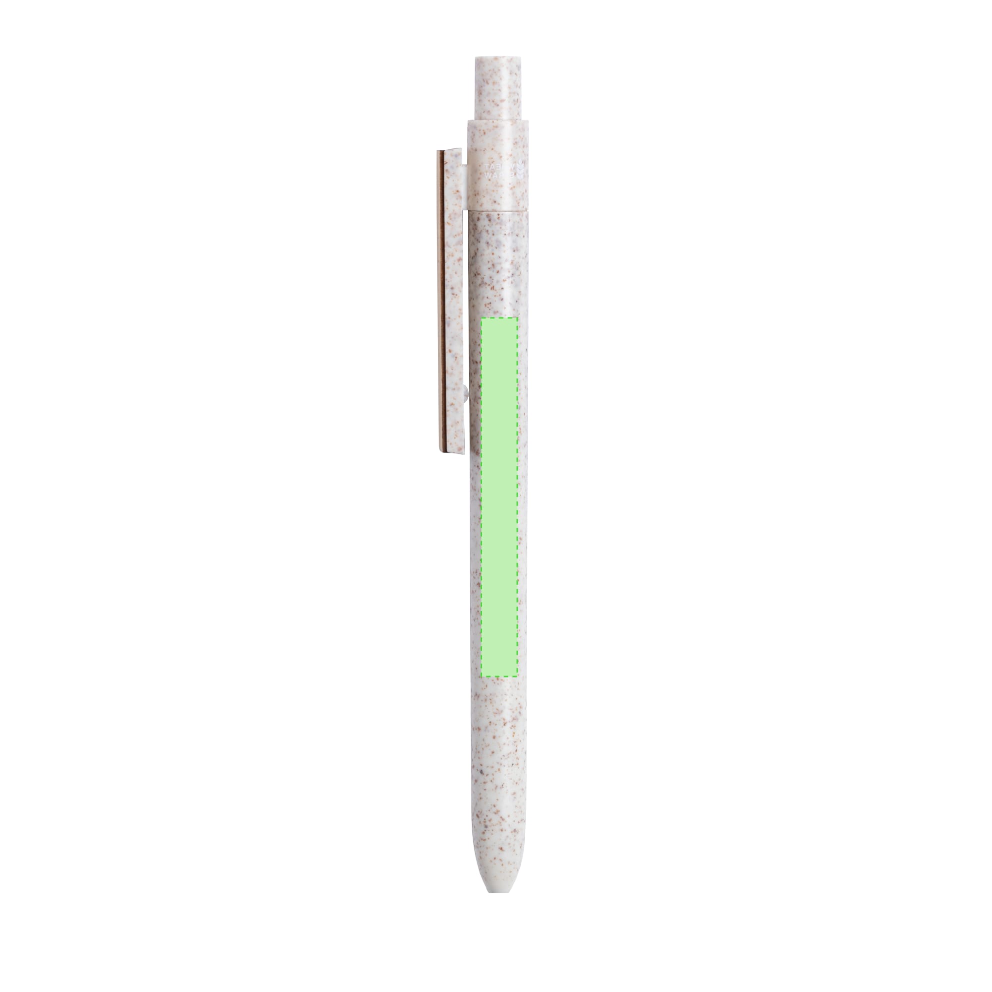 A wooden pen in a light colour with a green section and a metal clip. It features a branding logo.