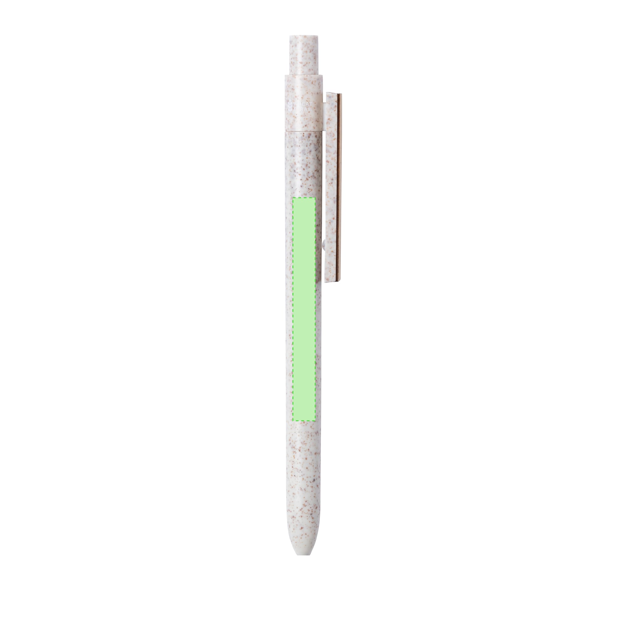 A wooden pen with a light green accent and a metallic clip, featuring a natural, speckled finish.