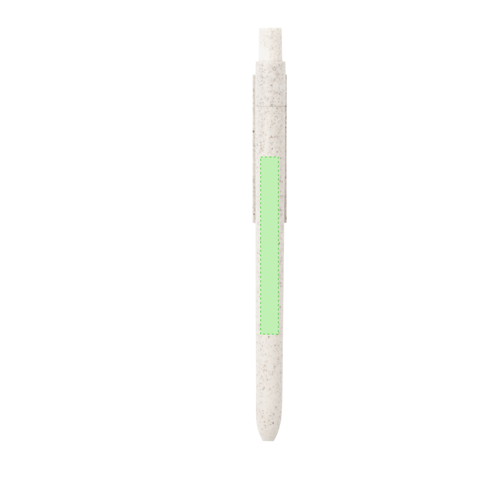 A wooden pen in a light colour with a green section and a logo, featuring a sleek, minimalist design.