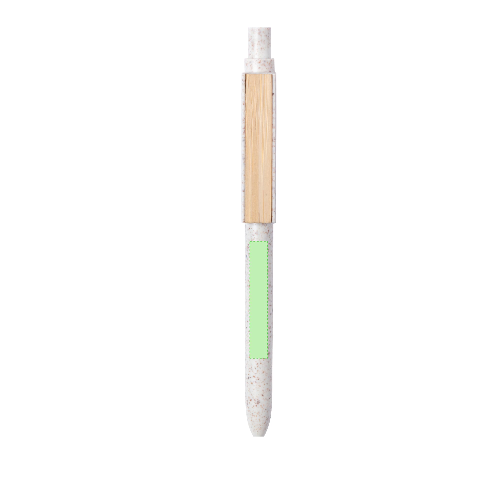 A wooden pen featuring a light green and speckled design with a wooden clip and branding.