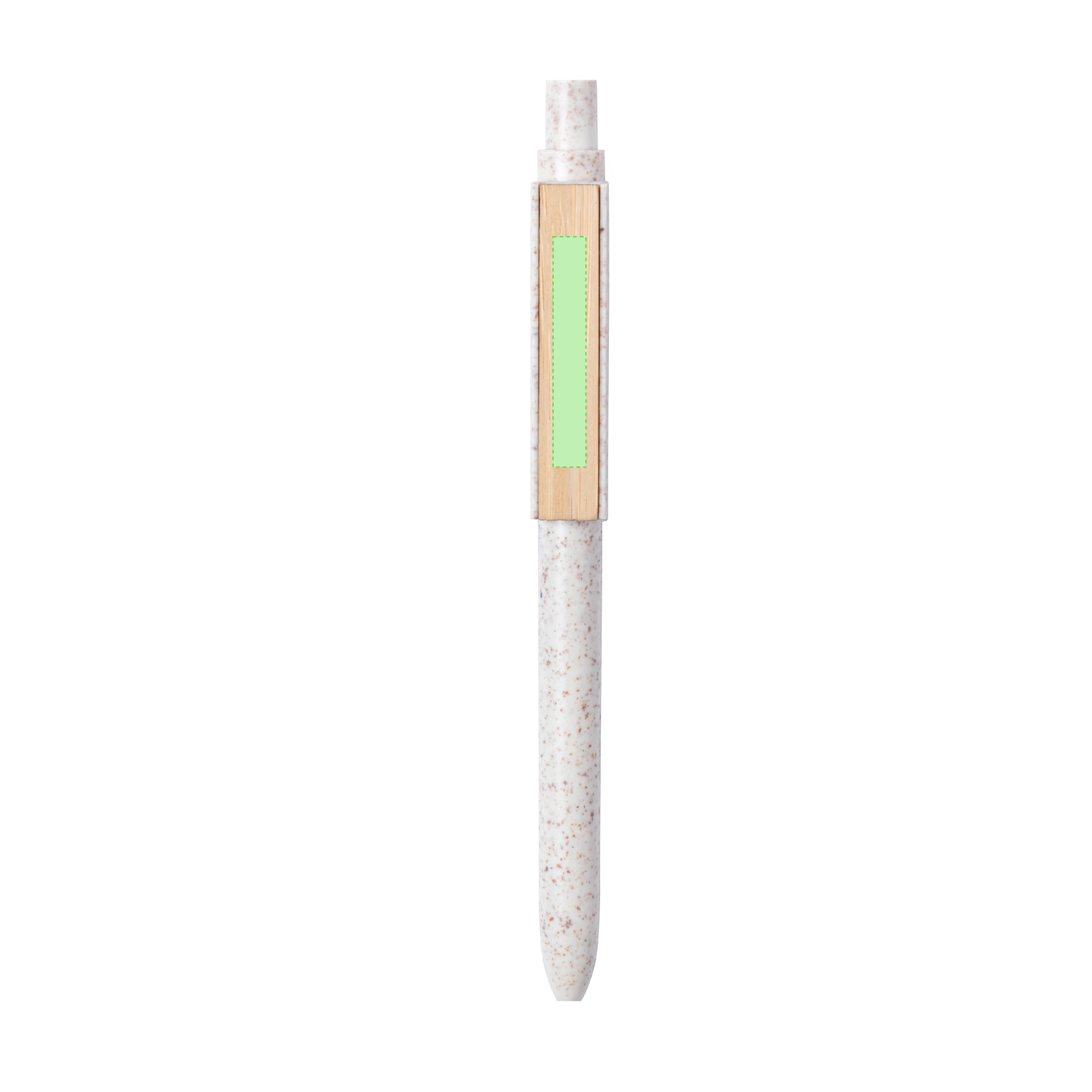 A wooden pen featuring a speckled design and a green accent, with a branding logo on the barrel.