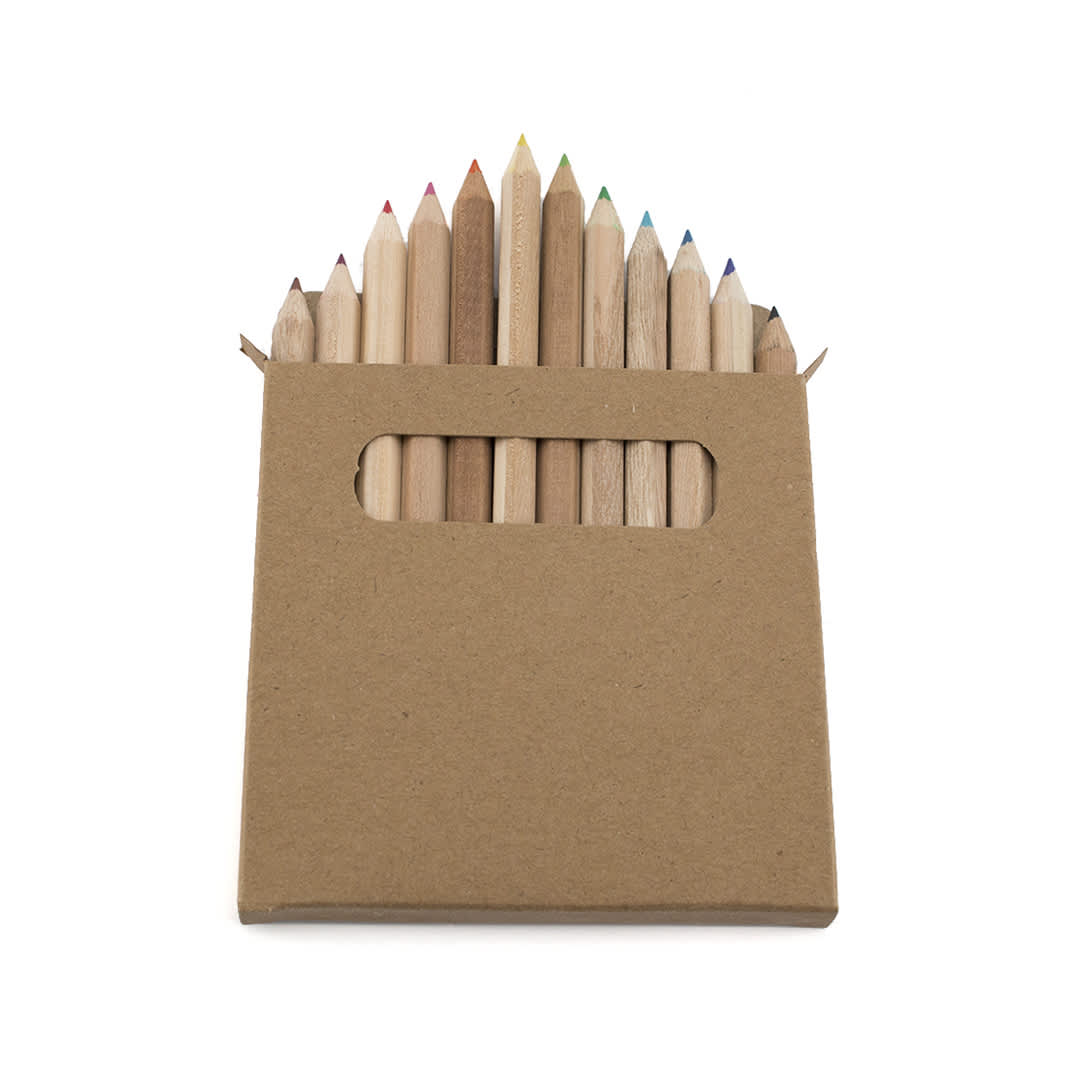 A pencil set in a cardboard case featuring wooden pencils in various colours, topped with pointed tips.