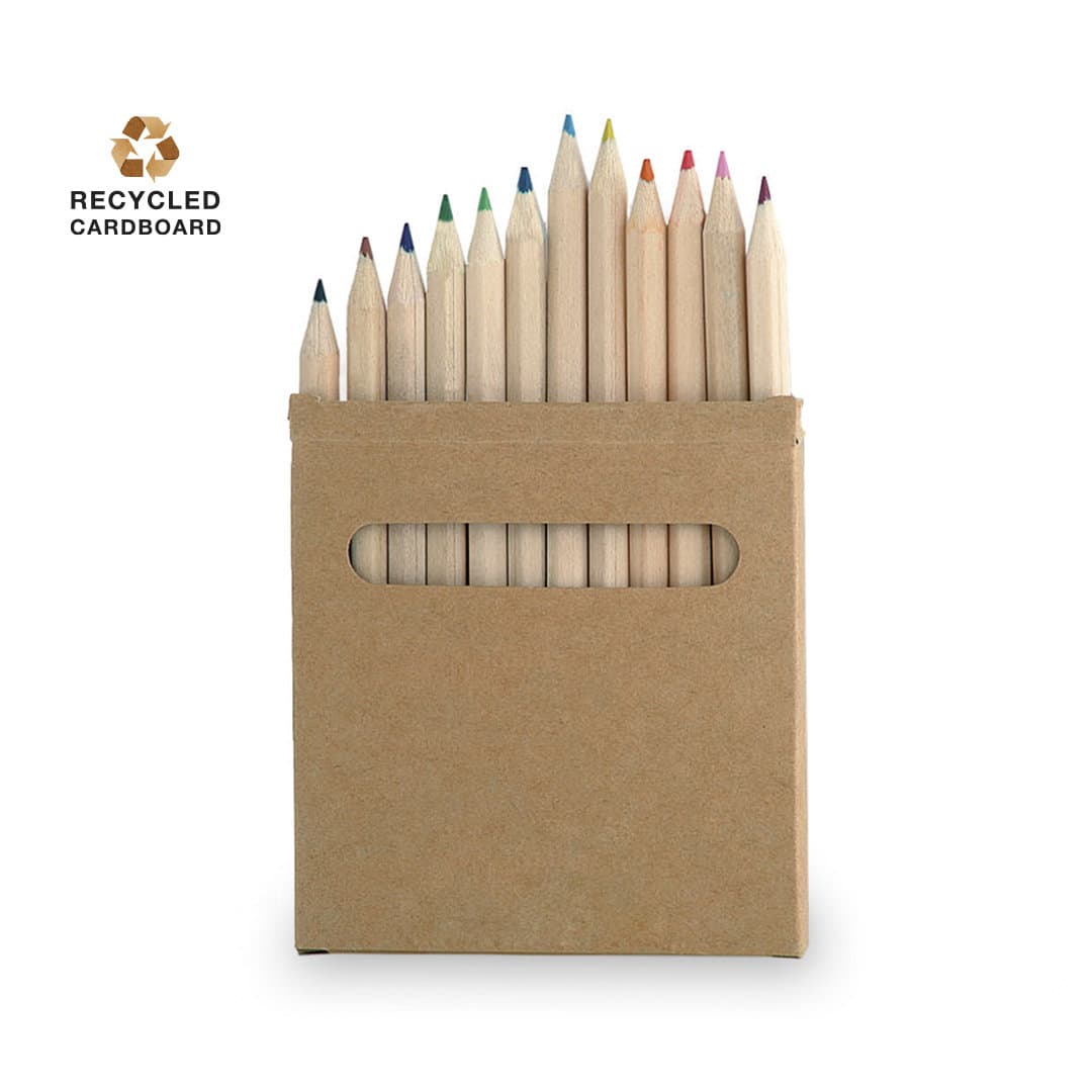 A pencil set featuring a variety of coloured wooden pencils in a recycled cardboard holder.