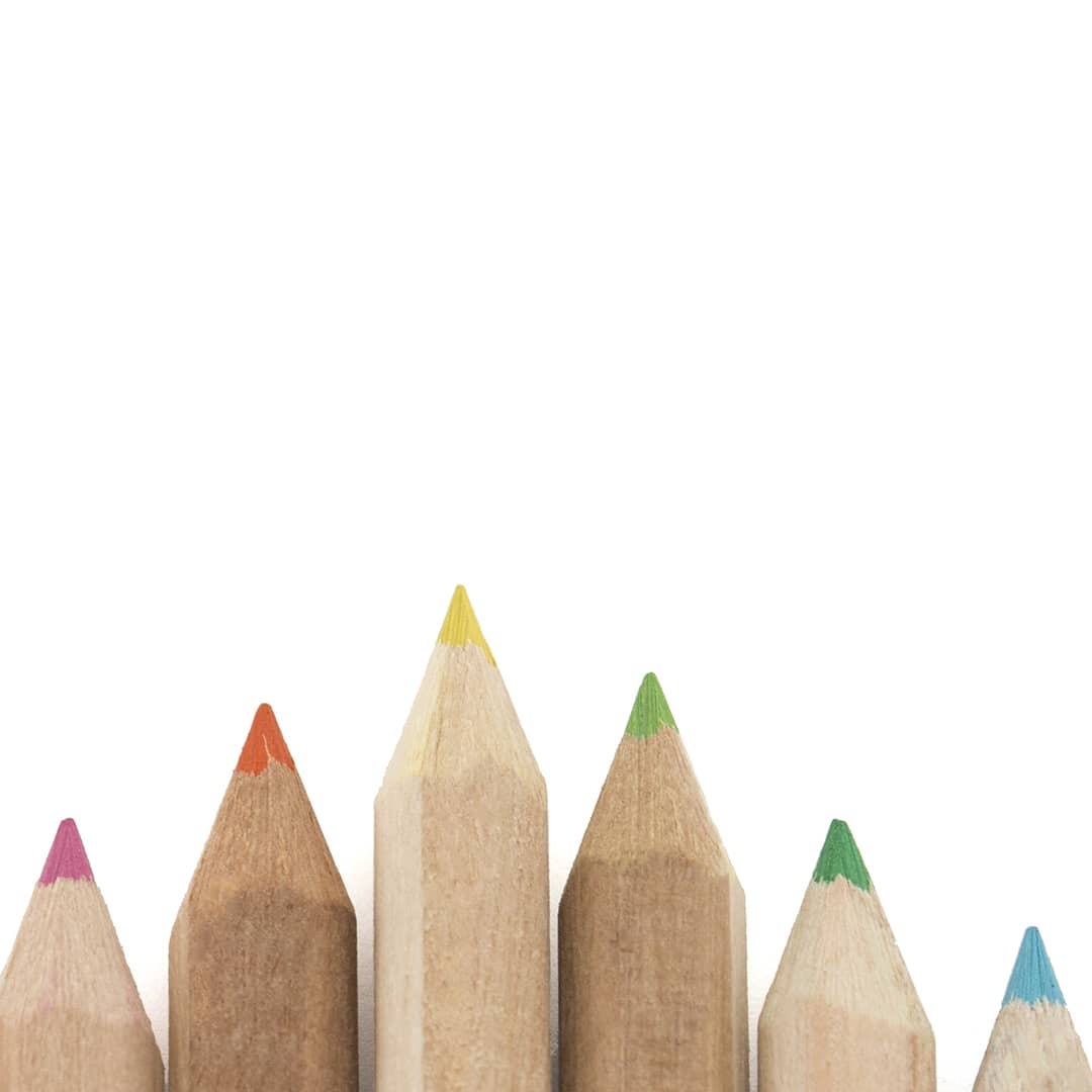 A collection of wooden pencils in vibrant colours, including yellow, green, orange, pink, and blue, lined up in a row.