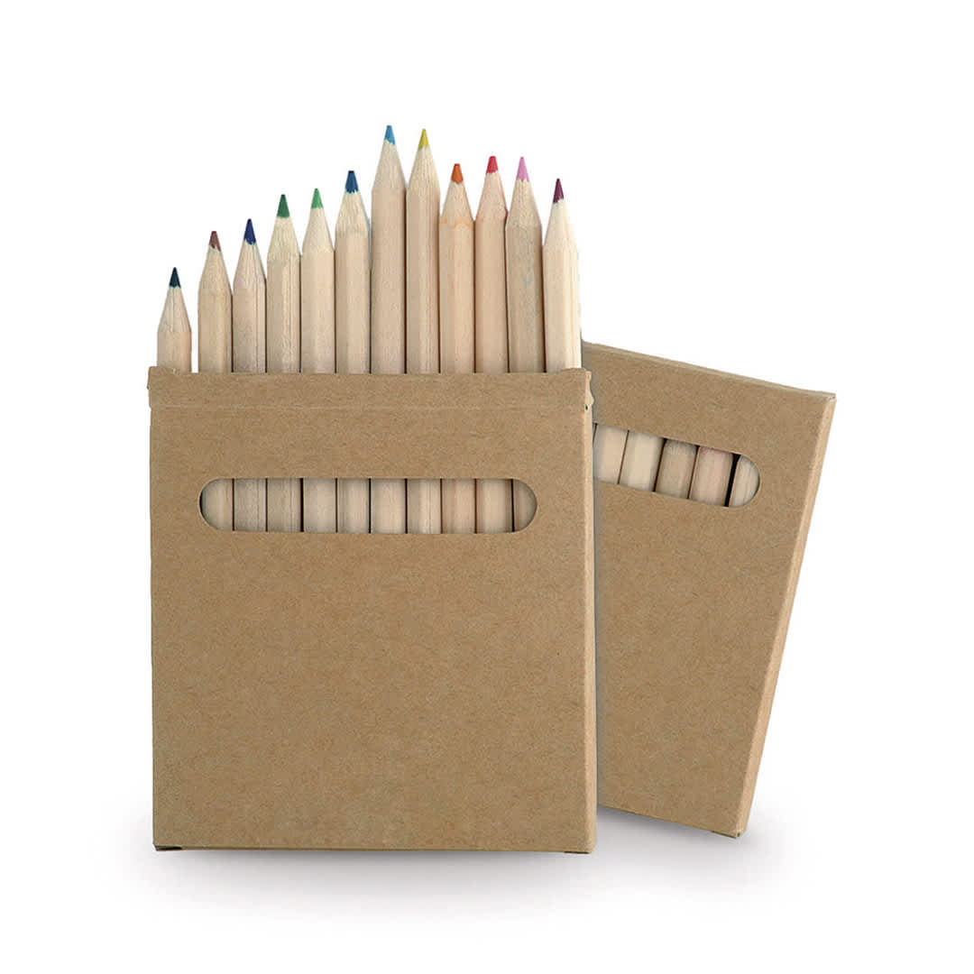A pencil set featuring various wooden pencils in a natural finish, housed in a simple cardboard box.