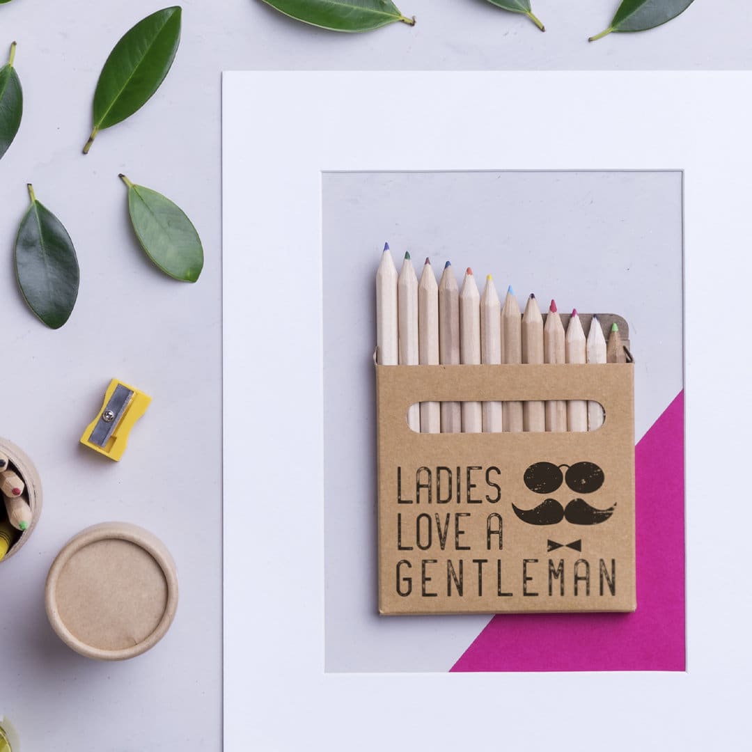 A pencil set featuring wooden pencils in various colours, packaged in a decorative cardboard holder.