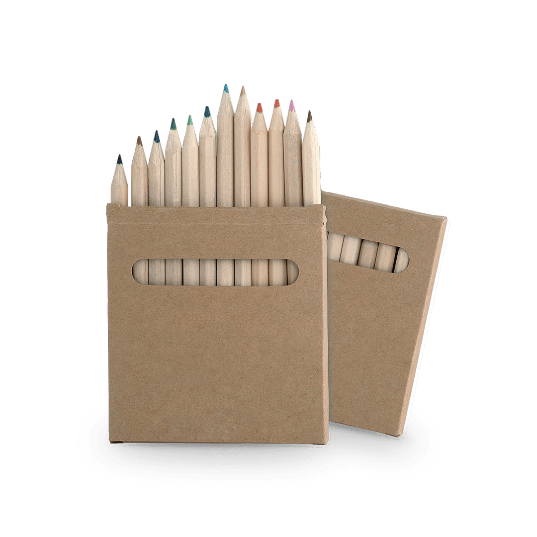 A pencil set featuring wooden pencils in natural shades, packaged in a brown cardboard box.