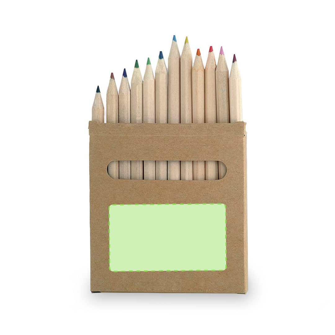 A pencil set in a kraft box featuring a variety of coloured wooden pencils with a brand logo on the packaging.