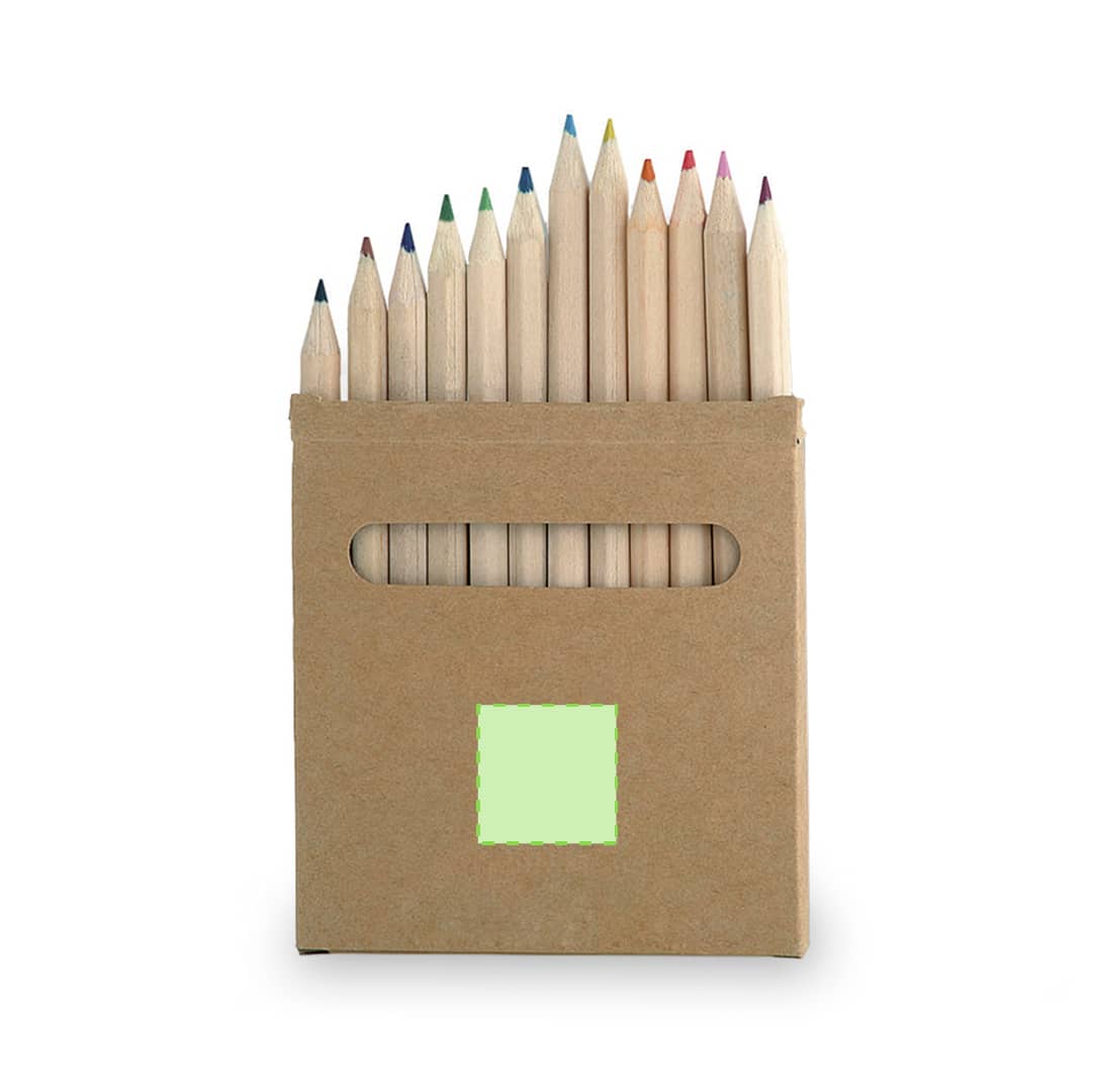 A pencil set in a kraft box, featuring wooden pencils in various colours, including blue, green, pink, and red.