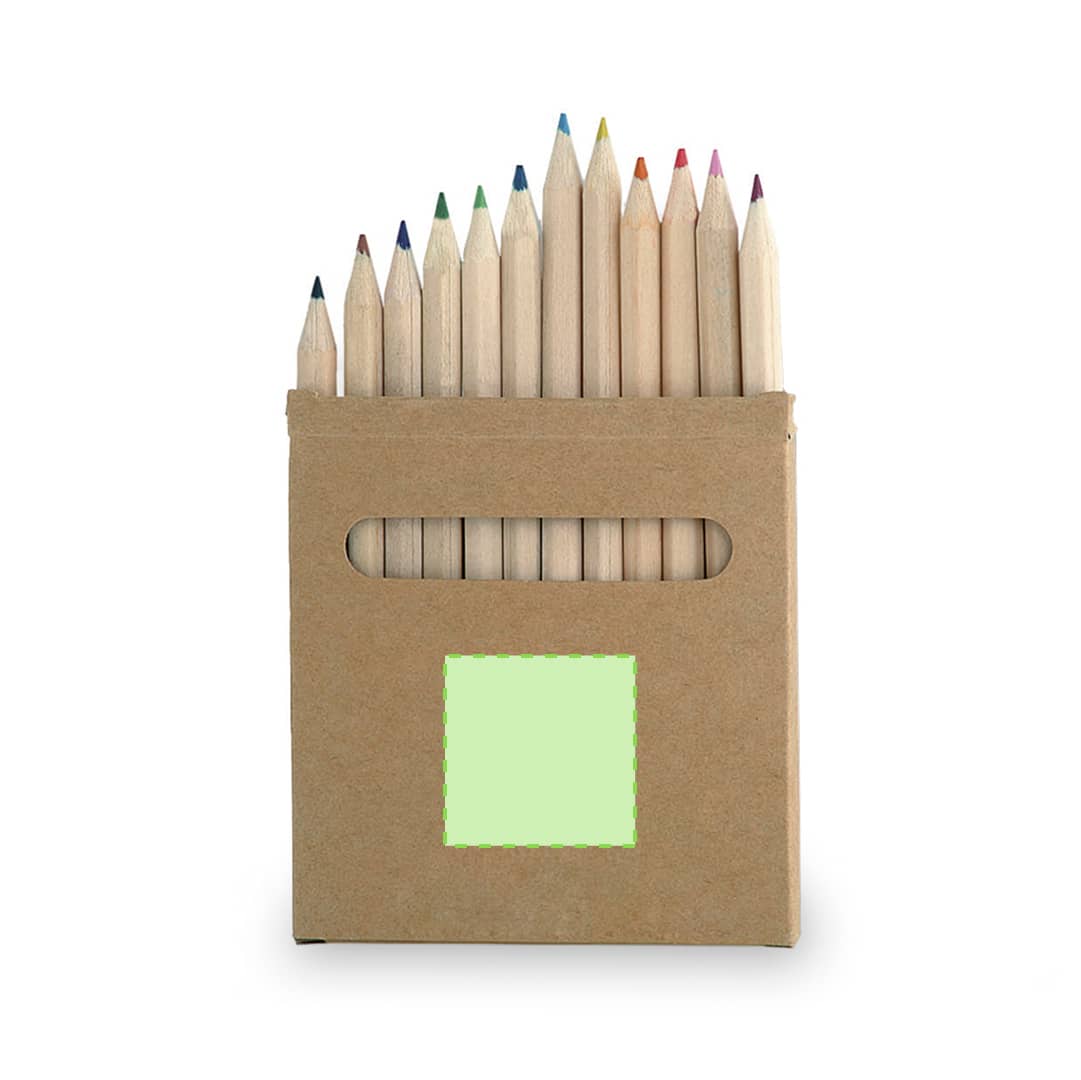 A pencil set featuring a range of coloured wooden pencils in a cardboard holder. There's a logo on the packaging.