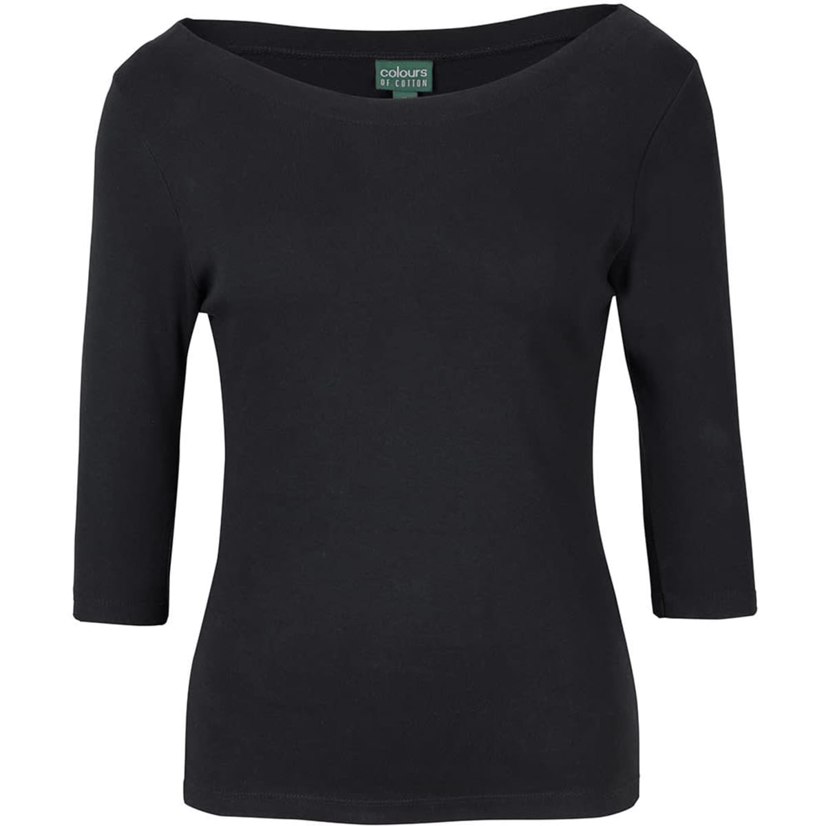 A black ladies' 3/4 sleeve boat neck tee with a fitted design and a logo on the label.