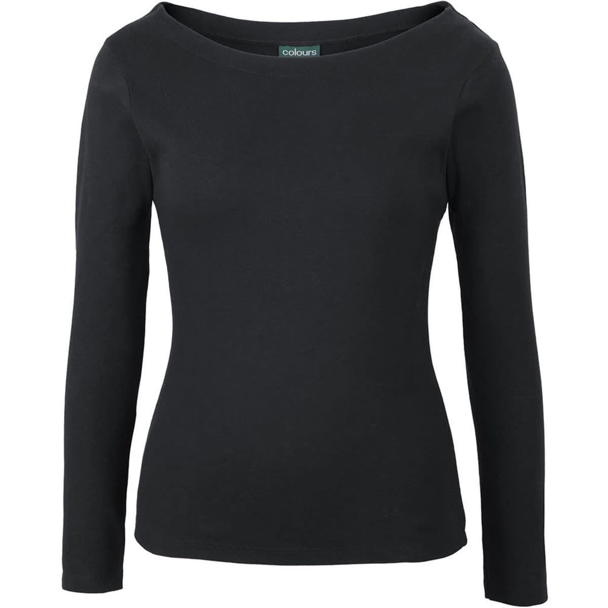 A black long-sleeve boat neck tee with a slight stretch and a logo at the neckline.
