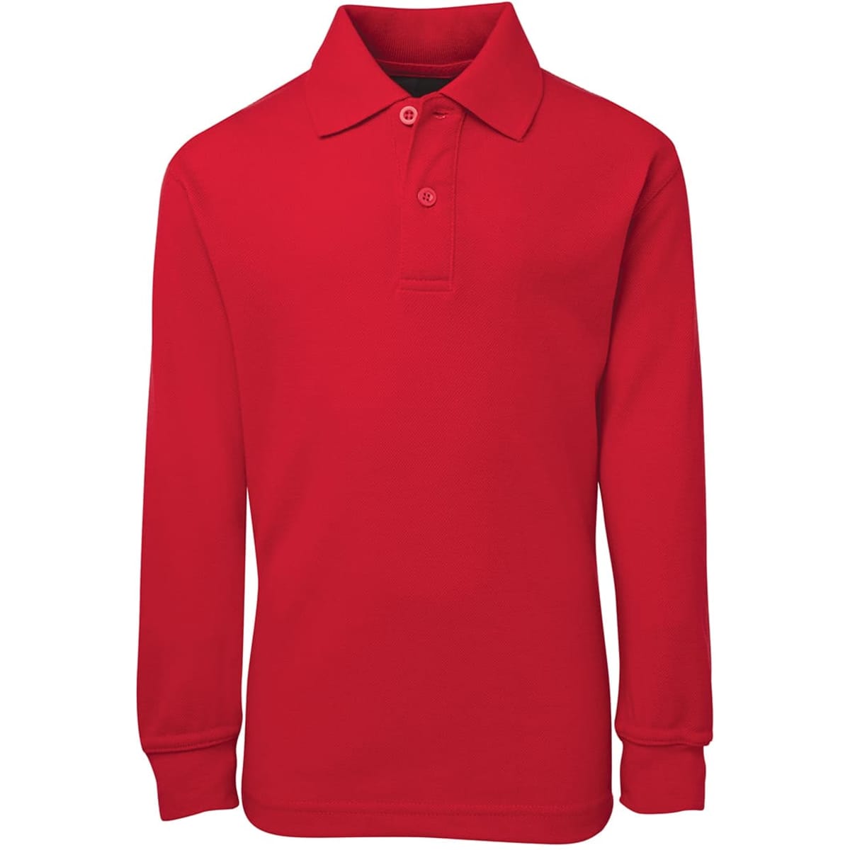 A red long-sleeve polo shirt with a collar and buttons, featuring a logo on the chest.