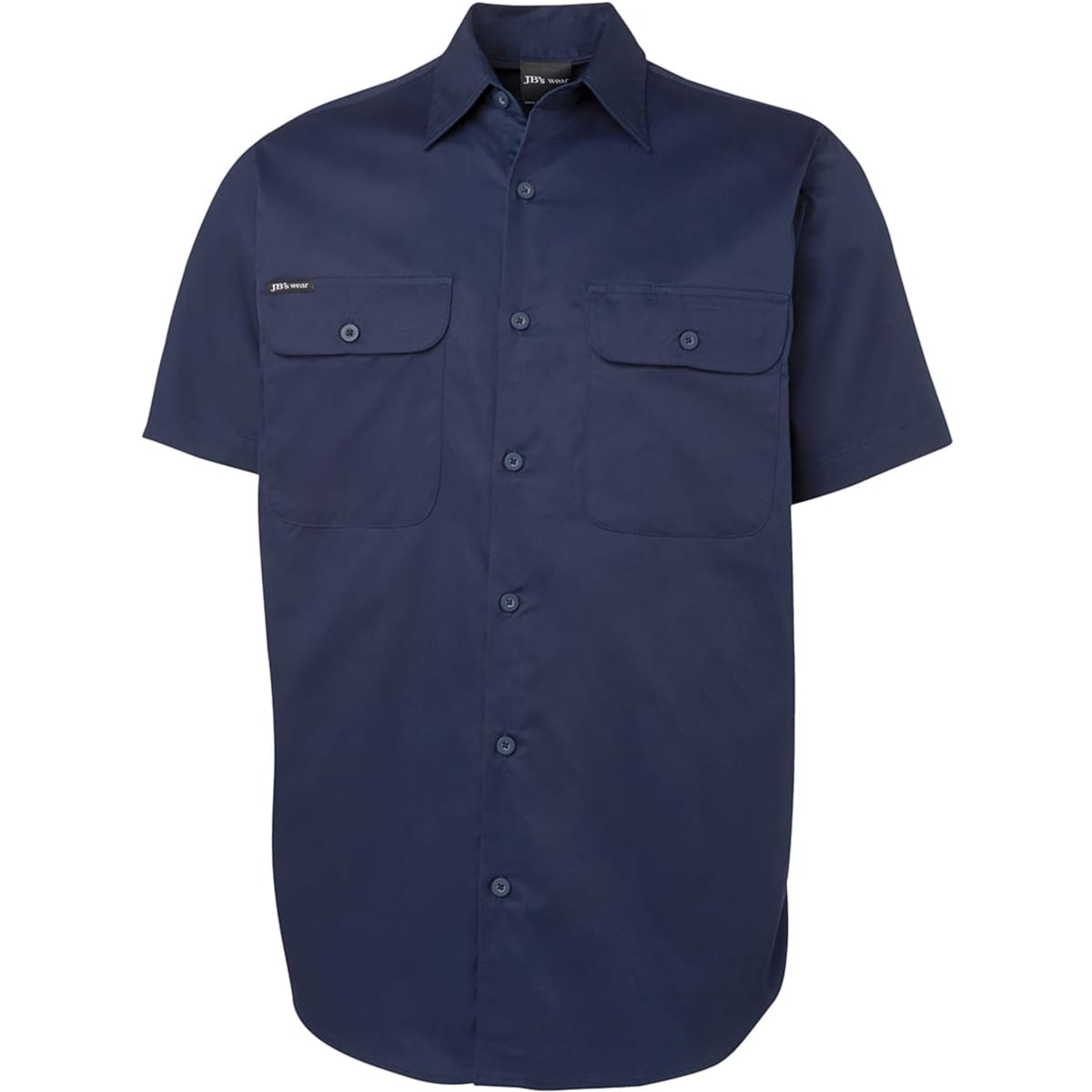 A navy short-sleeve work shirt with two front pockets and a logo. Suitable for workwear purposes.