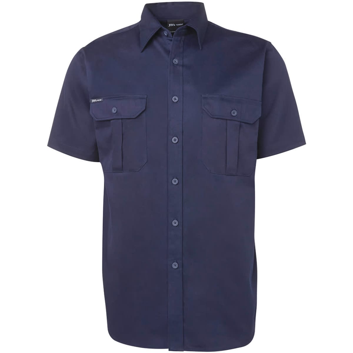 Short-sleeved navy work shirt with two front pockets and button closure. Features a logo on the label.