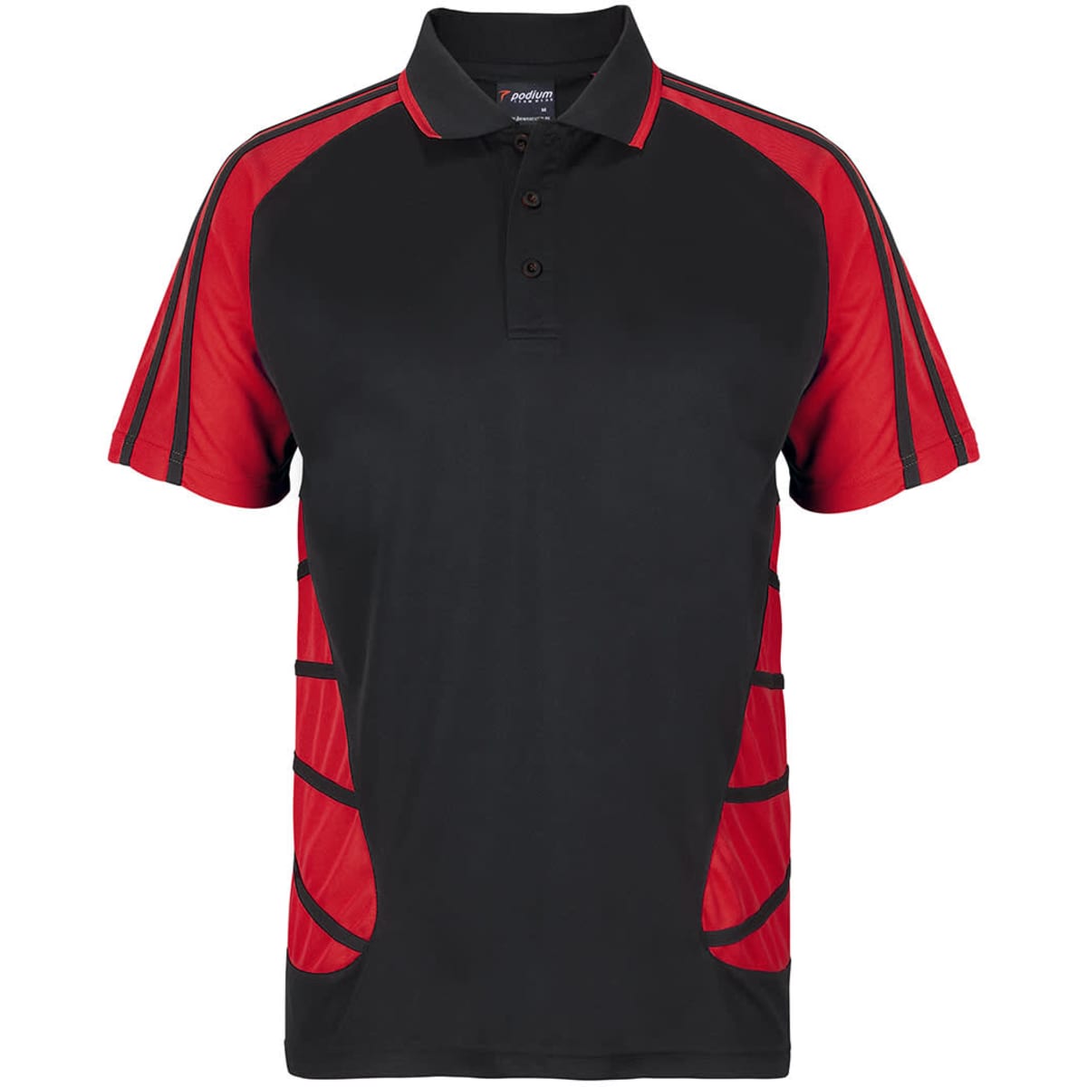 A black and red polo shirt with short sleeves and a logo on the collar. Features contrasting side panels.