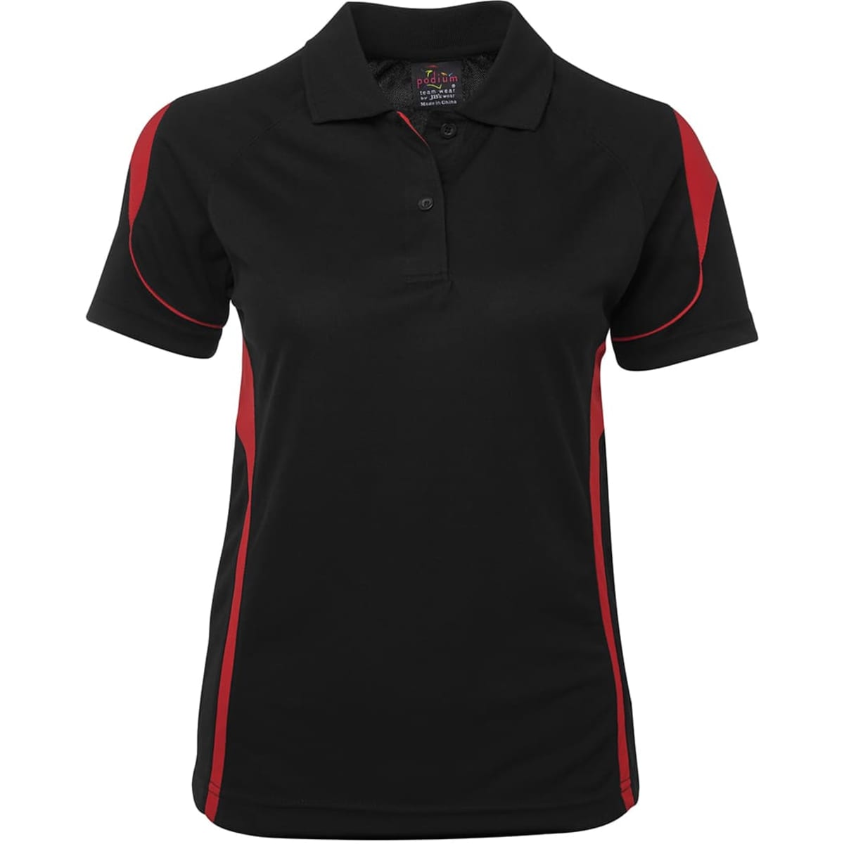 A black polo shirt with red side accents and a collar, featuring a logo on the front.