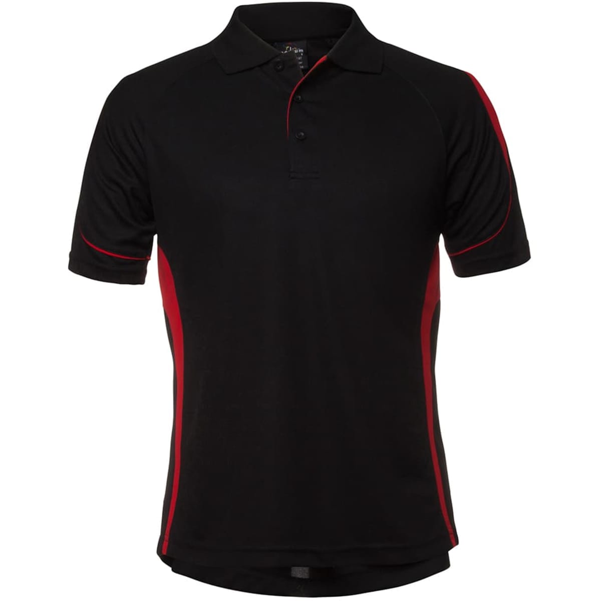 A black polo shirt with red side accents and a logo on the chest.
