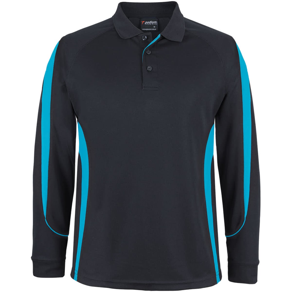 A long-sleeve polo shirt in black with turquoise side panels and a collar, featuring a logo.