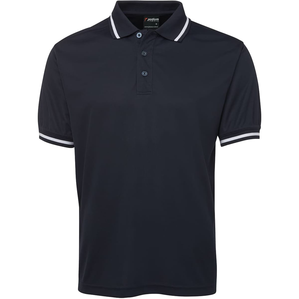 A navy polo shirt with a classic collar and contrasting white stripes on the sleeves. It features a logo on the chest.