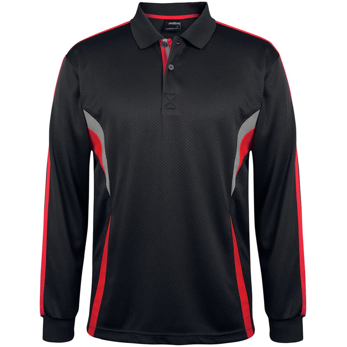 A black and red long-sleeve polo shirt with a structured design and a logo.
