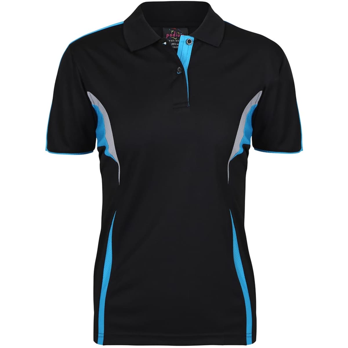 A black polo shirt with blue accents and a logo. Features a collar and buttoned placket. Suitable for casual or active wear.
