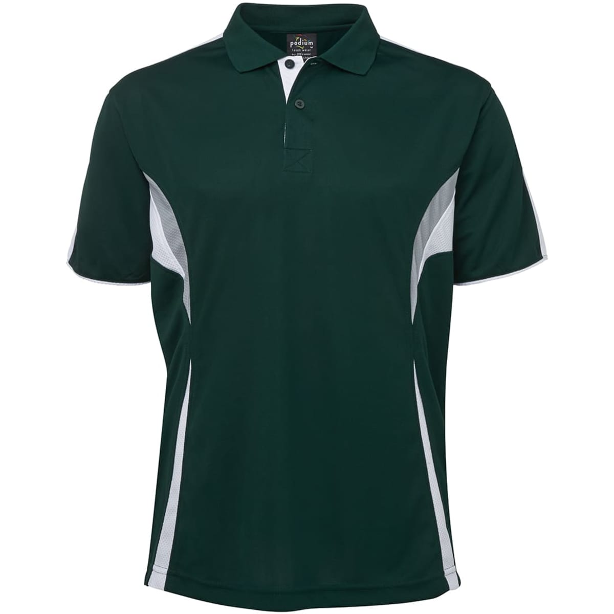 A dark green polo shirt with white accent panels and a collar. It features a logo on the chest area.