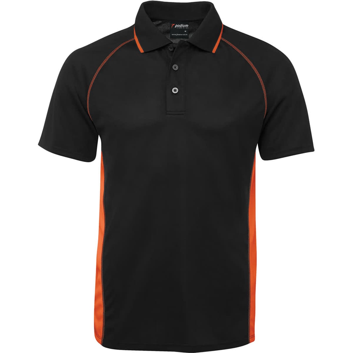 A black polo shirt with orange accents and a collar, featuring buttons and a logo on the label.