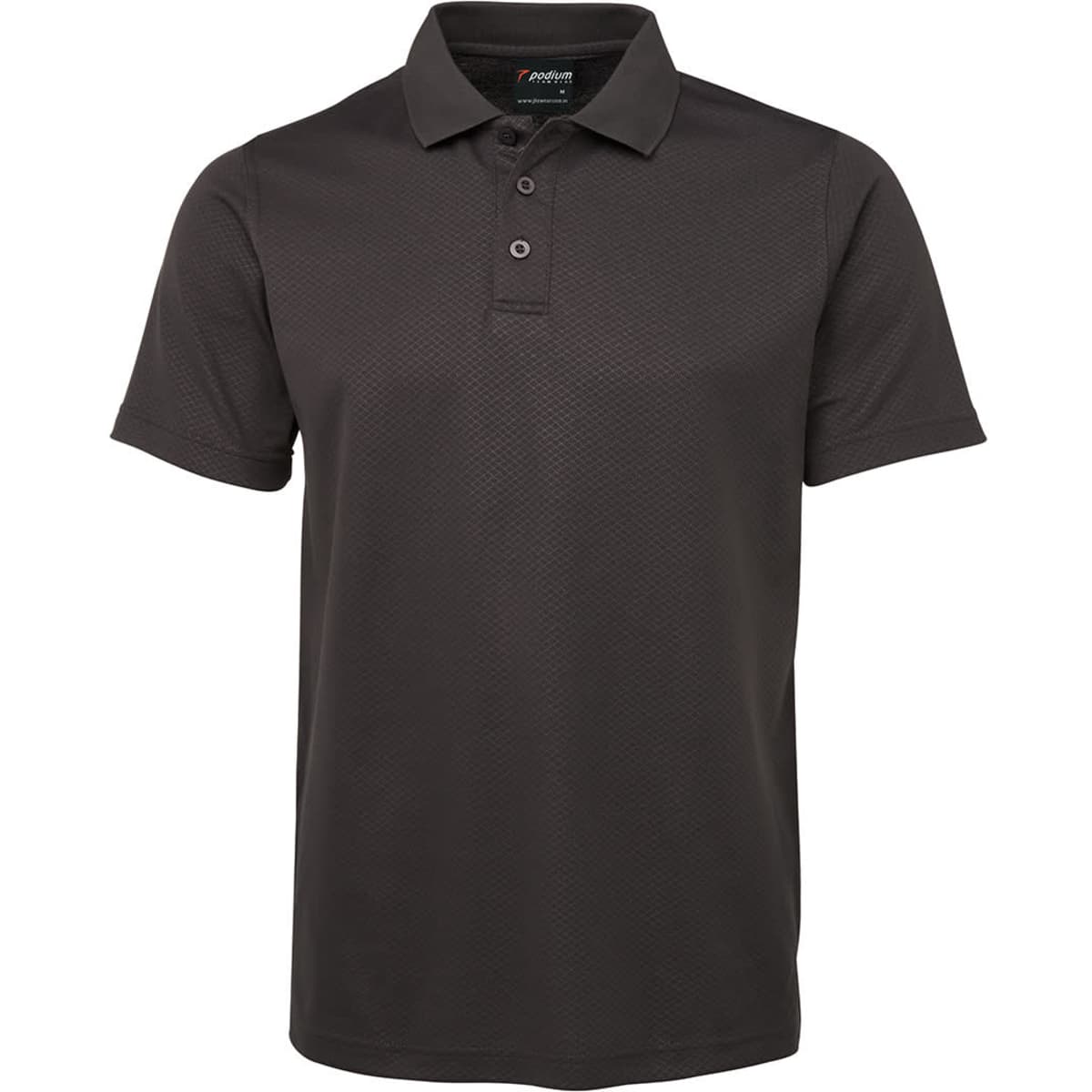 A gunmetal polo shirt with a textured design, featuring a collar and three-button placket. Includes a logo.